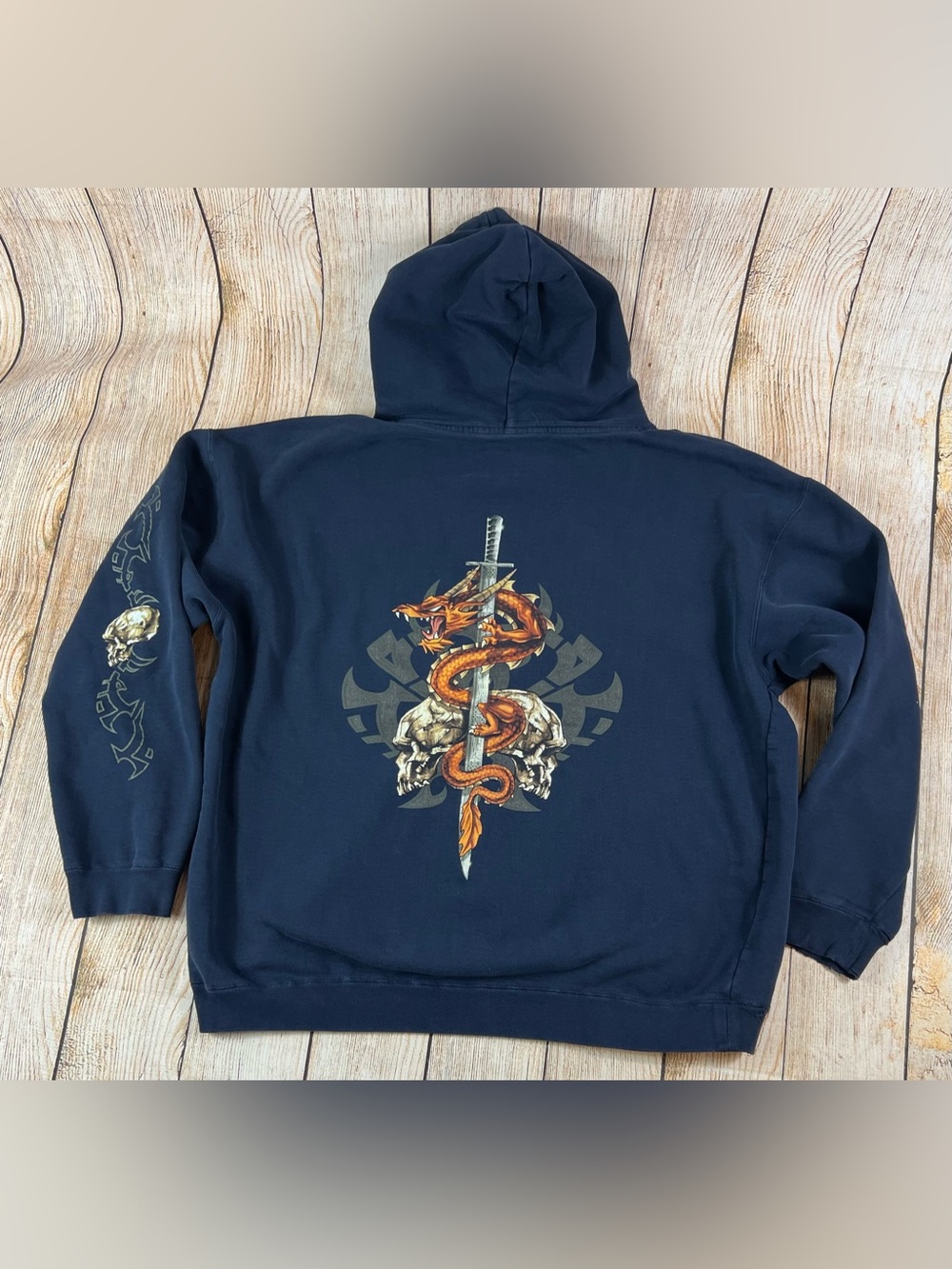 Top Heavy Y2K 2000s Dragon Sword Tribal Skull Blue Hoodie Sweatshirt Size XL